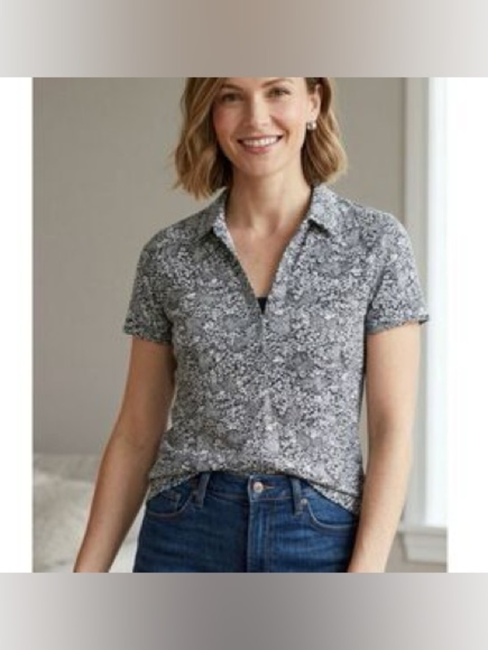 Anthropologie ett:twa Black White Floral Short-Sleeve Collared Top scandi chic M